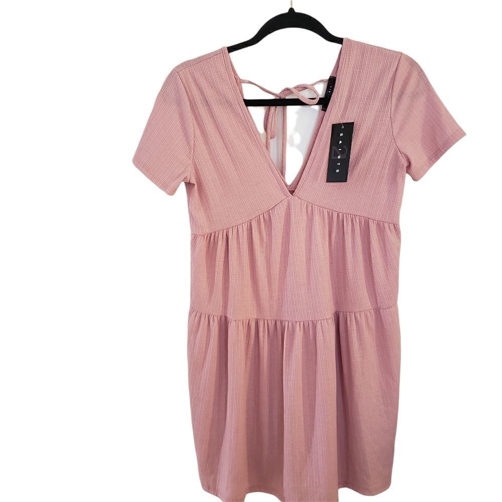 Saints 21 Mauve Short Sleeve Deep V-Neck and Back Mini Dress